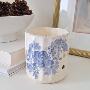 3 wick candle holder Vintage blue and white Pottery